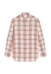 Long-sleeve plaid shirt in cream, red, and beige. Features a button-down collar, front pocket, and white buttons. Soft, woven fabric.