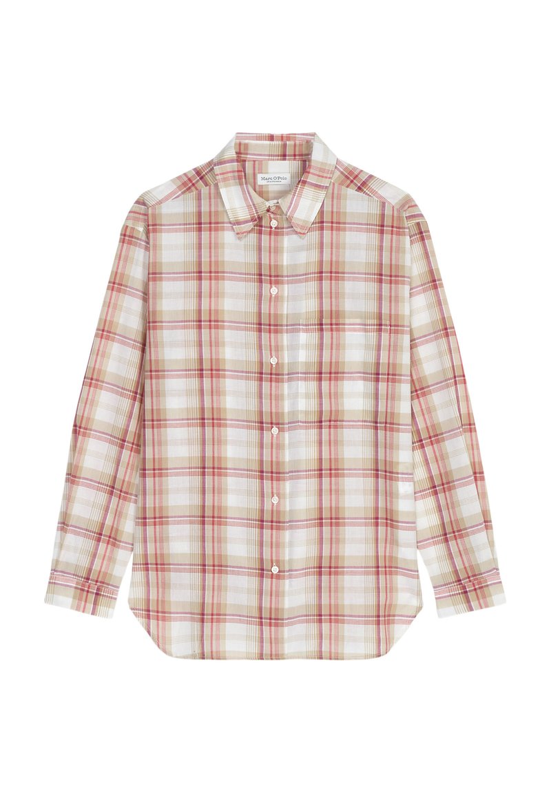 Langsleeve geruit overhemd in crème, rood en beige. Voorzien van een button-down kraag, een borstzak en witte knopen. Zacht, geweven stof.