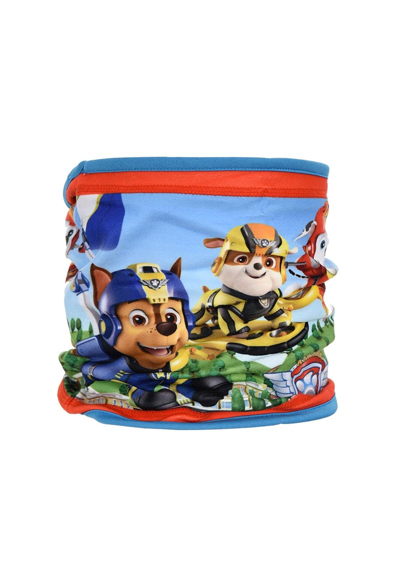 Gaiter per bambini con personaggi dei cartoni animati colorati su uno sfondo blu. Materiale in poliestere con bordo elastico rosso. Lavabile in lavatrice.