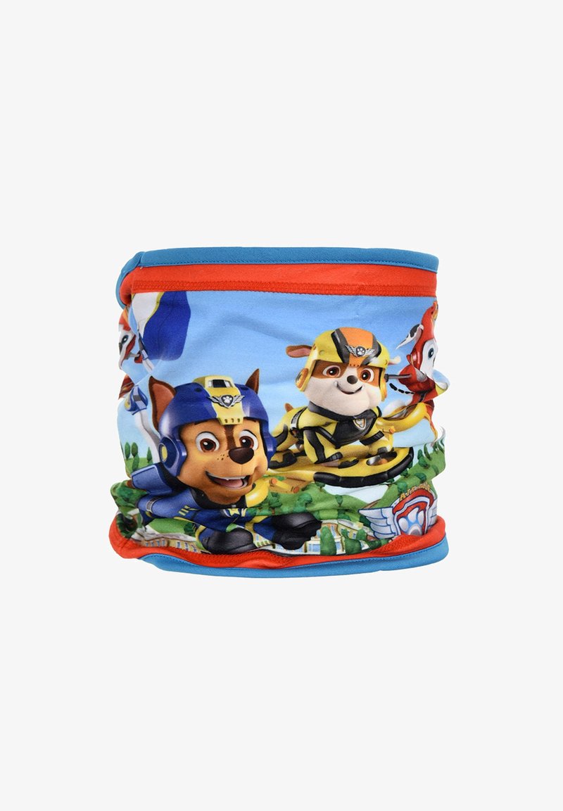 Kinderen's nekmuts met kleurrijke cartoonfiguren op een blauwe achtergrond. Van polyester materiaal met elastische rode afwerking. Wasmachinebestendig.