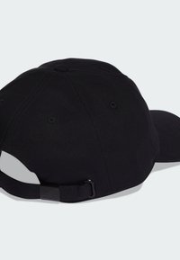 Black baseball cap with a firm fabric structure, featuring a rounded crown, curved brim, and an adjustable strap at the back.