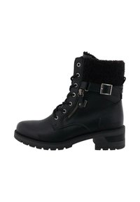 Bottine noire avec une finition en cuir lisse, une boucle décorative, un col en fausse fourrure confortable et une semelle en caoutchouc texturée avec un talon modéré.