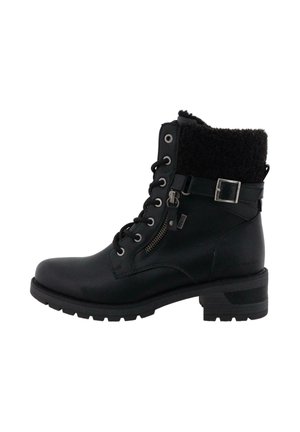 Bottine noire avec une finition en cuir lisse, une boucle décorative, un col en fausse fourrure confortable et une semelle en caoutchouc texturée avec un talon modéré.