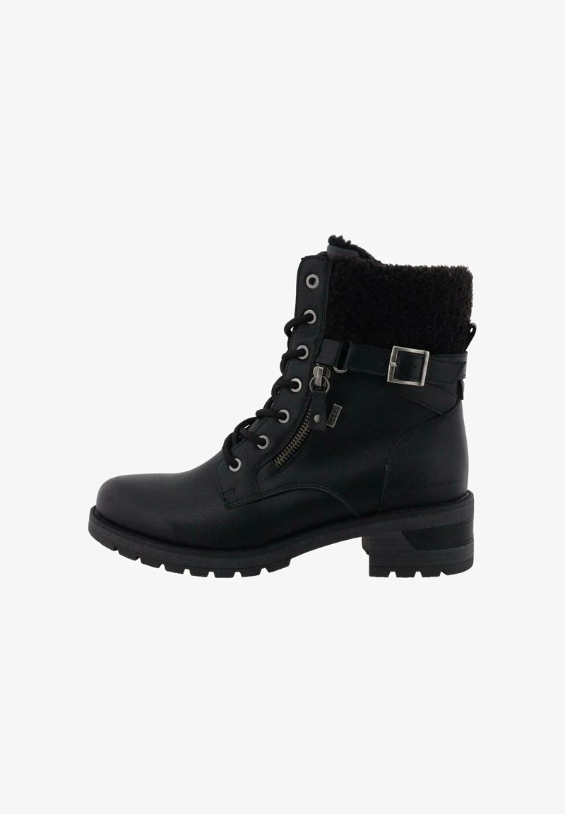Bottine noire avec une finition en cuir lisse, une boucle décorative, un col en fausse fourrure confortable et une semelle en caoutchouc texturée avec un talon modéré.
