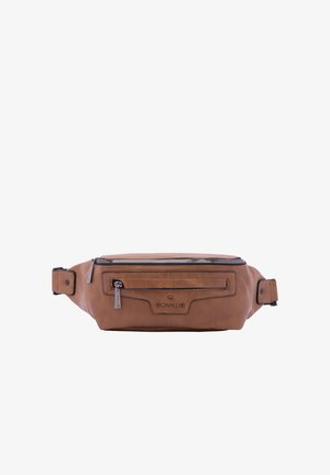 Pochette banane en cuir marron avec une fermeture zippée en haut et une poche avant. Présente un logo embossé et une sangle réglable pour un port sécurisé.