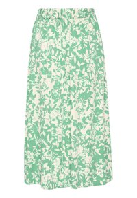 Kvetinová midi sukňa v mentolovo zelenej a bielej farbe, s elastickým pásom, s kombináciou rôznych rastlinných vzorov a jemnou textúrou látky.