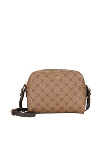 Borsa a tracolla sintetica marrone con motivo logo ripetuto, chiusura con zip e tracolla regolabile di colore marrone scuro. Accessori in metallo dorato.