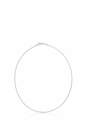 Dünne silberne Schlangenkette mit Karabinerverschluss, dargestellt auf weißem Hintergrund.