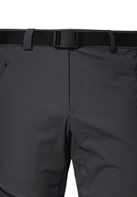 Gray hiking shorts with a smooth texture, featuring a black adjustable belt, side zipper pockets, and angular seams for a modern design.