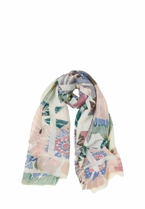 Lightweight scarf with pastel floral and geometric patterns in pink, blue, green, and brown tones, loosely folded on a white background.