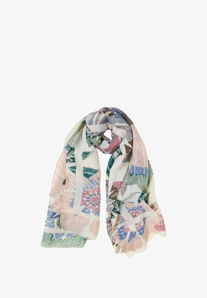 Kevyt huivi, jossa pastellinsävyisiä kukka- ja geometrisia kuvioita vaaleanpunaisina, sinisinä, vihreinä ja ruskeina sävyinä, löyhästi taiteltuna valkoisen taustan päällä.