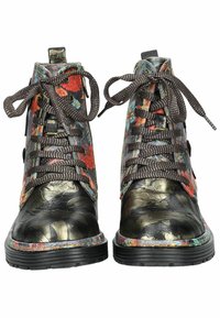 Stivaletti stringati in pelle a stampa floreale multicolore, con suola in gomma nera, dettagli metallici e texture lavorata.