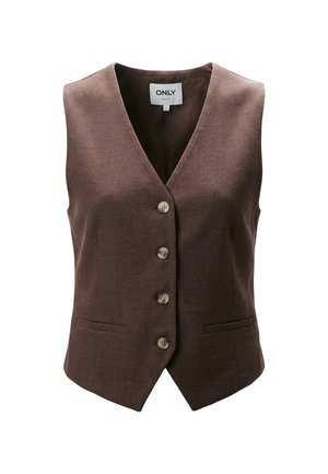 Gilet marrone senza maniche con bottoni, scollo a V e due tasche frontali con filetto, taglia grande.