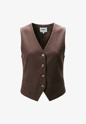 Gilet marrone senza maniche con bottoni, scollo a V e due tasche frontali con filetto, taglia grande.