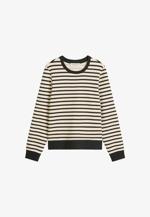 Gestreifter Sweatshirt in Creme und Schwarz, mit langen Ärmeln, Rundhalsausschnitt, schwarzen Rippbündchen und -saum. Hergestellt aus weichem, elastischem Baumwollmaterial.
