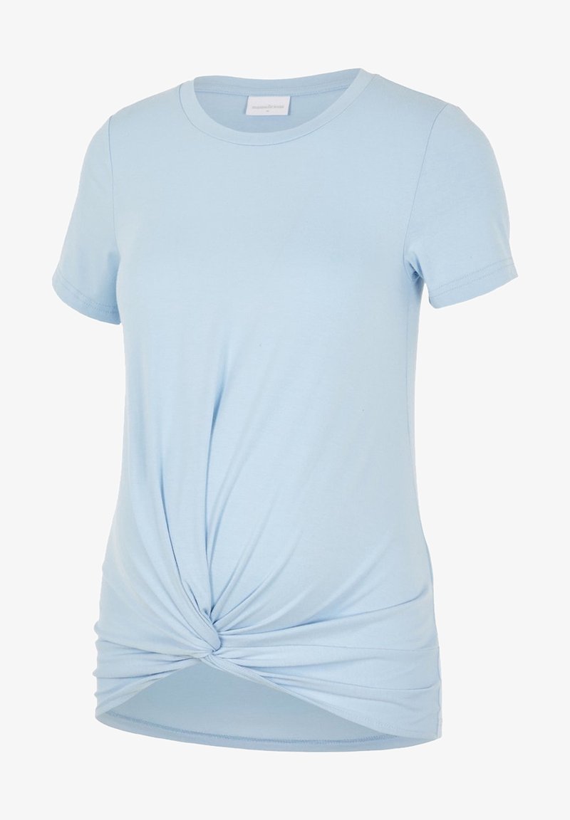 T-shirt en coton bleu clair à manches courtes, col rond, avec un détail noué à la taille et des fronces sur les côtés.