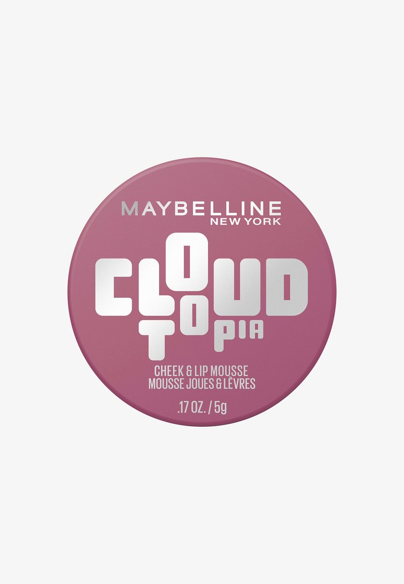 Mousse pour joues et lèvres Maybelline Cloudtopia dans un contenant rond rose de 5 g avec un lettrage argenté audacieux sur le couvercle.