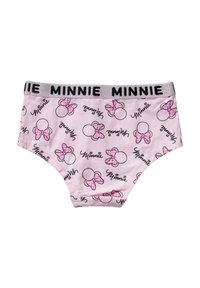 Mutande per bambini di colore rosa con elastico grigio, decorato con il testo "MINNIE" e un motivo di testa di Minnie Mouse su tutto il tessuto, arricchito da fiocchi a pois rosa.