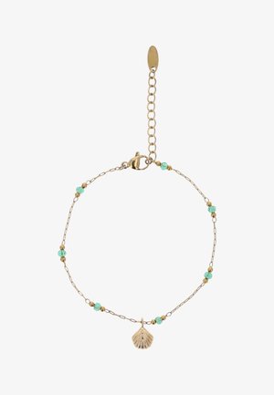 Fin guldarmbånd med små turkis perler og en guldsnegl charm, udstyret med en justerbar lås og forlængerkæde.