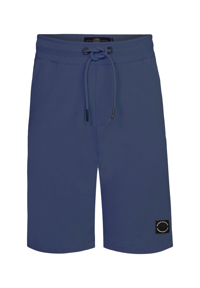 Pantalones cortos deportivos azules hechos de una tela suave, con una cinturilla elástica y un cordón, y un parche de logo negro en la pierna izquierda.