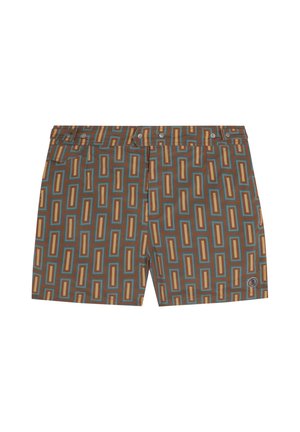 Pantalones cortos de hombre con un patrón rectangular geométrico en marrón, tostado y azul, con varios botones en la cintura y un pequeño parche con logo.