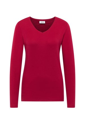 Maglietta rossa a maniche lunghe con scollatura a V. Realizzata in tessuto morbido, presenta una silhouette aderente e una trama liscia. Nessun motivo o dettaglio decorativo.