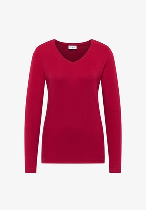 Maglietta rossa a maniche lunghe con scollatura a V. Realizzata in tessuto morbido, presenta una silhouette aderente e una trama liscia. Nessun motivo o dettaglio decorativo.