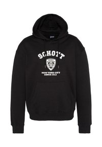 Felpa nera con cappuccio in misto cotone con tasca frontale, cappuccio con coulisse e logo bianco "Schott", con emblema e testo.