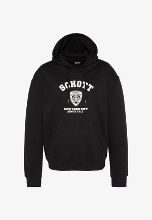 Felpa nera con cappuccio in misto cotone con tasca frontale, cappuccio con coulisse e logo bianco "Schott", con emblema e testo.