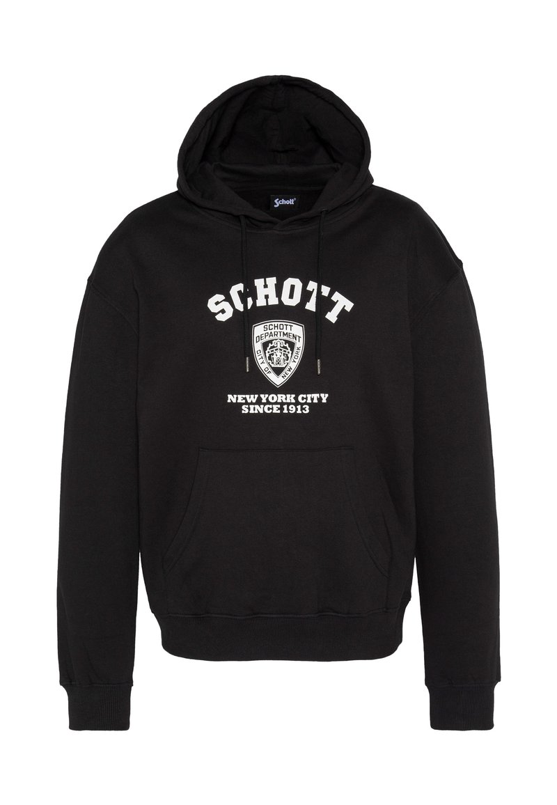 Felpa nera con cappuccio in misto cotone con tasca frontale, cappuccio con coulisse e logo bianco "Schott", con emblema e testo.