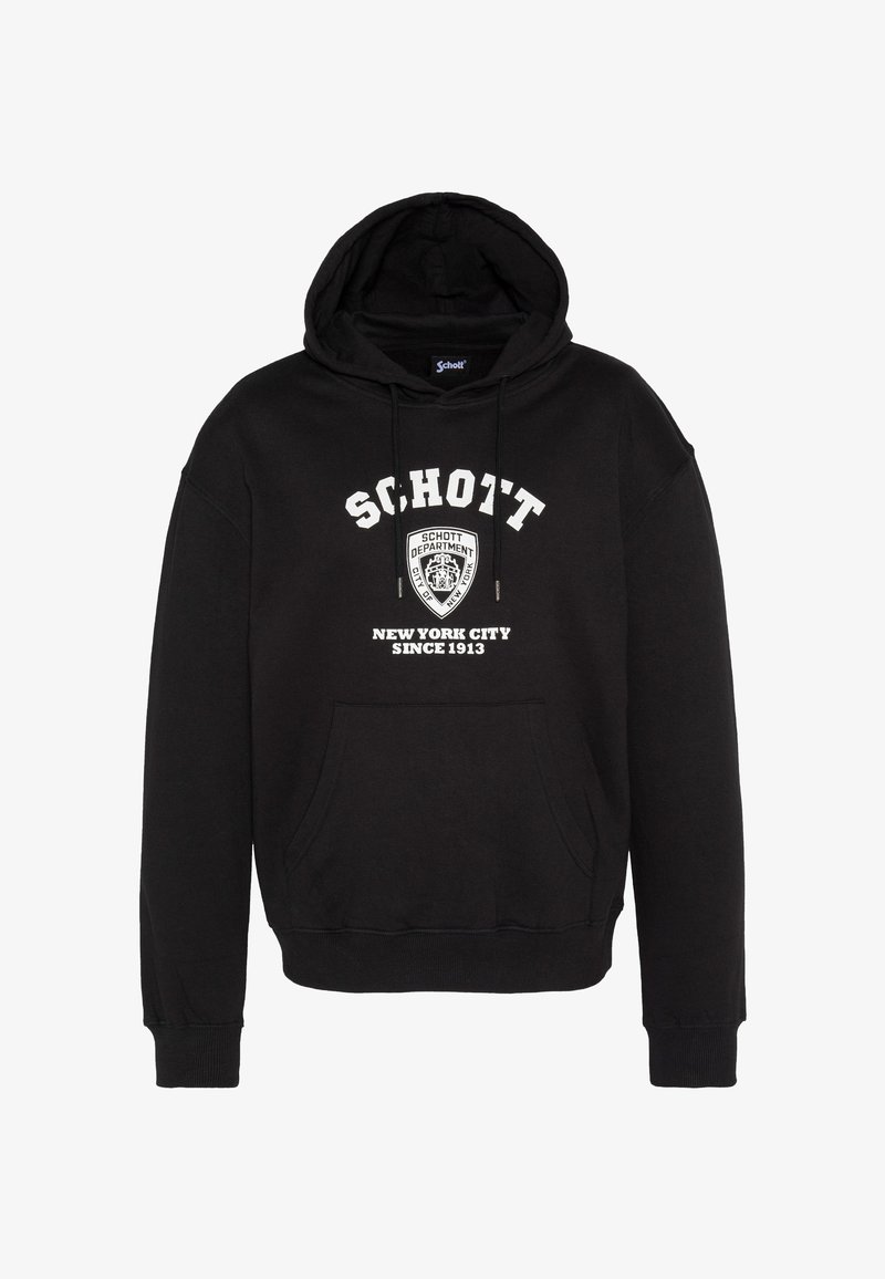Felpa nera con cappuccio in misto cotone con tasca frontale, cappuccio con coulisse e logo bianco "Schott", con emblema e testo.