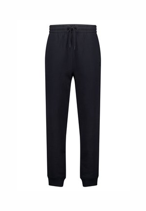 Pantaloni sportivi neri realizzati in tessuto morbido, con vita elastica e cordoncino per la regolazione, e polsini a coste alle caviglie. Design semplice.