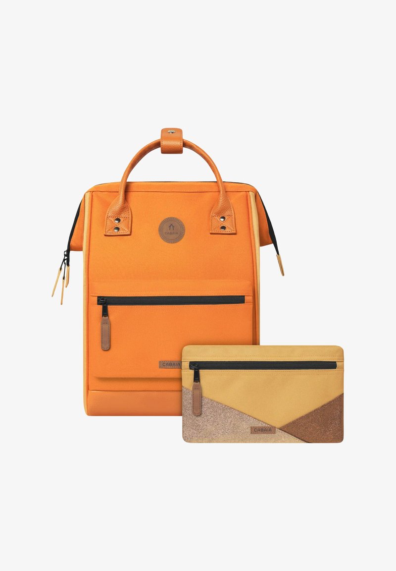 Orange backpack with leather accents, zippered pocket, and logo. Includes a smaller pouch in yellow and brown geometric patterns.