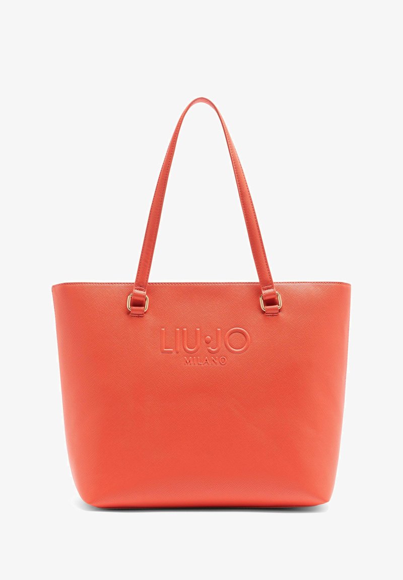Borsa tote in pelle corallo con due manici. Superficie testurizzata con logo impresso "LIU JO MILANO" sul davanti.