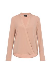 Blusa rosa chiaro con scollatura a V, maniche lunghe e design avvolgente. Realizzata in tessuto morbido con dettagli di cucitura lungo i bordi.