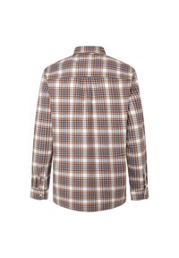 Camisa de manga larga a cuadros, con una combinación de colores beige, marrón y azul marino, con puños abotonados y un detalle en el yugo trasero.