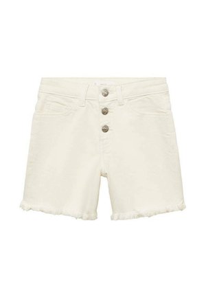 Shorts en denim blanc avec taille haute, ourlet effiloché et fermeture à cinq boutons. Comprend deux poches avant et un tissu doux et texturé.