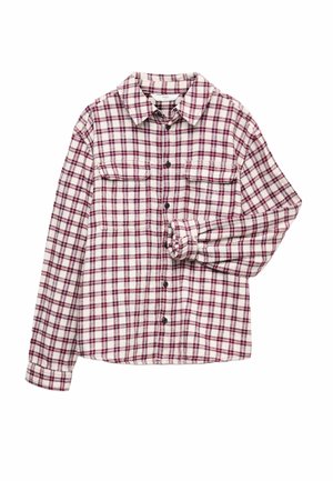 Rød- og hvidternet flannel-skjorte med lange ærmer, to forlommer, knapper foran og klassisk krave. Blød stoftekstur.