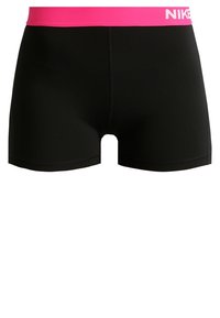 Black athletic shorts with a wide pink elastic waistband featuring the Nike logo. Smooth texture, fitted design, and mid-thigh length.