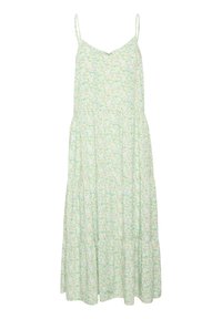 Zielona sukienka midi w kwiatowy wzór z cienkimi ramiączkami, dekoltem w serek i falbaną przy hemie, uszyta z lekkiego materiału.