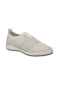 Zapatos ligeros tipo slip-on con tejido de punto texturizado y transpirable en color blanco roto. Presentan una suela de goma y acentos de diseño minimalista.