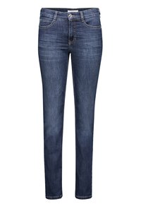 Jeans de mezclilla azul oscuro con corte slim, piernas rectas, diseño de cinco bolsillos y detalles de costura sutiles en la cinturilla y el dobladillo.