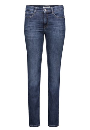 Jean en denim bleu foncé avec une coupe slim, jambes droites, design à cinq poches et détails de couture subtils au niveau de la taille et de l'ourlet.