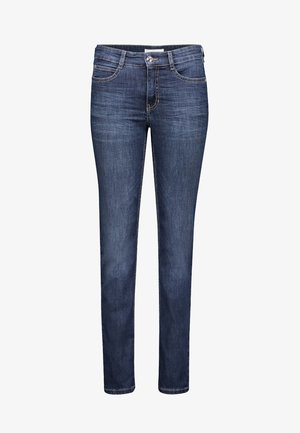 Dunkelblaue Denim-Jeans mit schmaler Passform, geraden Beinen, Fünf-Taschen-Design und dezenten Nähten am Bund und Saum.