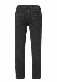 Schwarze Denim-Jeans mit Slim-Fit, Fünf-Taschen-Design und subtiler Textur. Mit einem gebrandeten Lederpatch am hinteren Taillenbund.