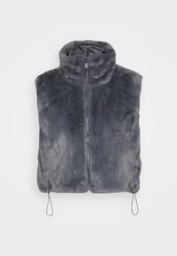 Grijze nep bont vest met hoge kraag, frontale rits en verstelbare trekkoorden aan de onderrand. Zachte, pluche textuur; mouwloos ontwerp.