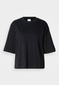 Čierne bavlnené tričko s krátkym rukávom a okrúhlym výstrihom, s voľným strihom a rovný lemom, hladký povrch, minimálne detaily.