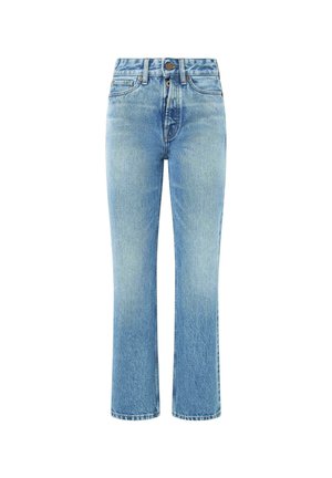 Light blue denim jeans with a high waist, straight legs, and a slightly cropped length. Features classic five-pocket design and button closure.