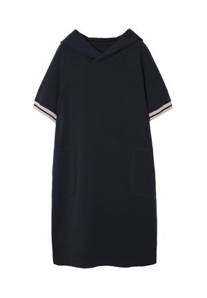 Marineblå sweatshirt kjole med hætte, korte ærmer med beige stribede accenter og to forlommer. Glat stofstruktur.