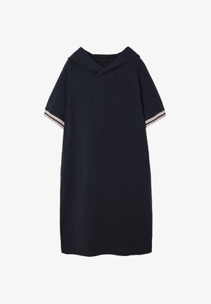 Tumedas sinises kapuutsiga dress, lühikeste varrukatega, millel onbeezvärvilised triibud ja kaks esikotti. Sile kangastekstu.